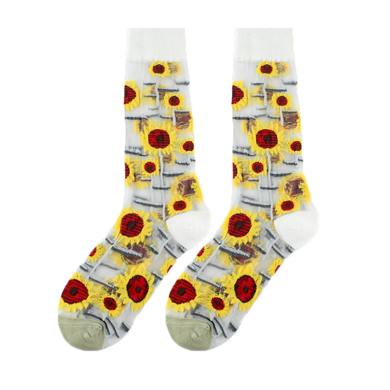 Thin Mid Tube Fashion Style Flower Forest Glass Stockings