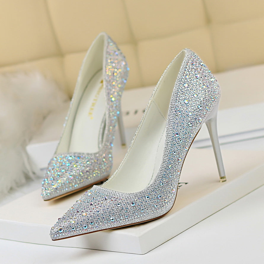 Spidse Sexede Slankende Rhinestone Farvede Diamant Højhælede Sko