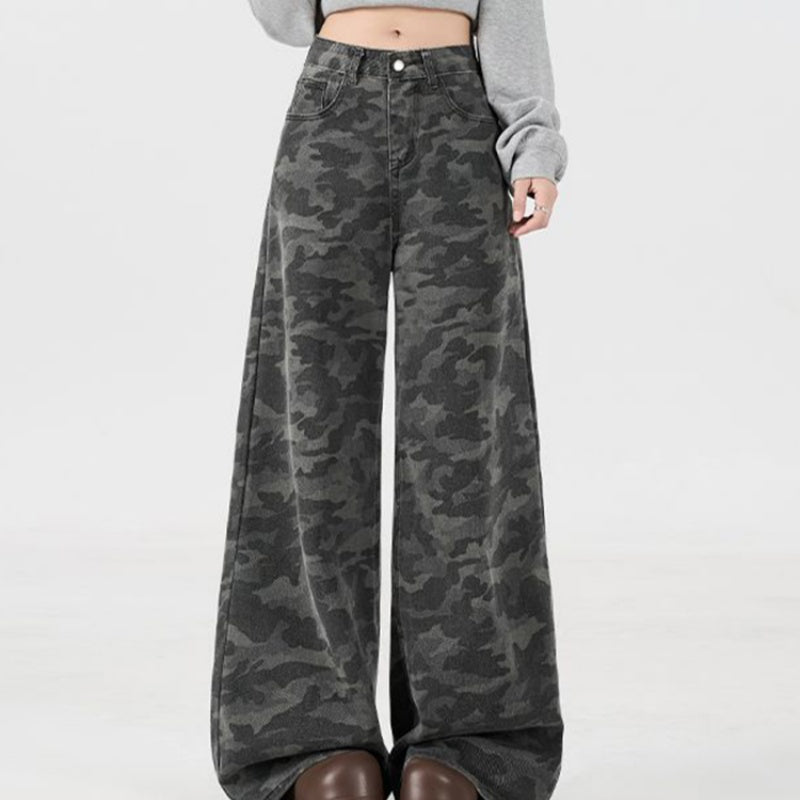 Retro Camouflage Wide-leg Jeans Women's Summer High Street Drape