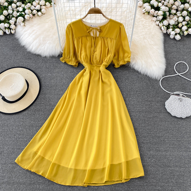 Slimming Puff-sleeve Chiffon Dress Fashion Forward