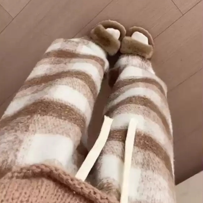 Woolen Striped Wide-leg Pants Thickened Plush Retro