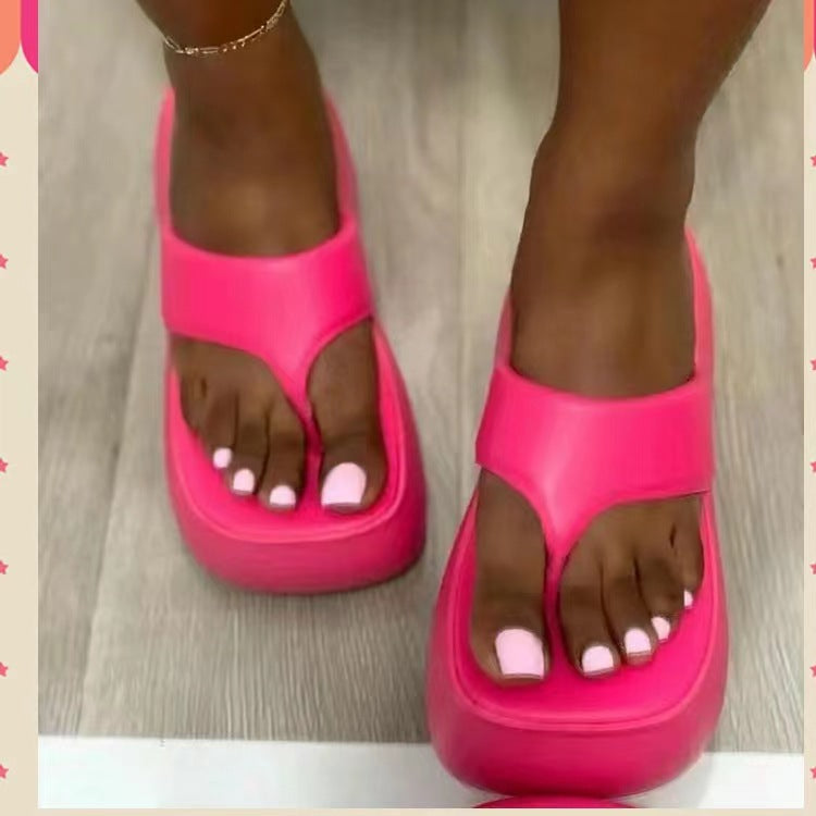 Women's Platform Wedge Solid Color Flip Flops With Square Toe
