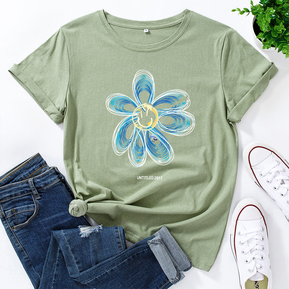 European And American Cotton Loose Round Neck Creative Flower Short Sleeve