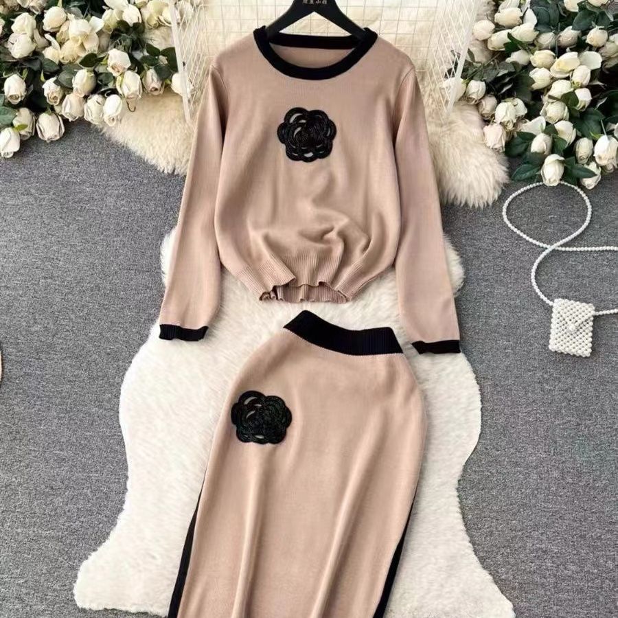 Crew-neck Loose-fit Knit Top And High-waisted Midi Skirt