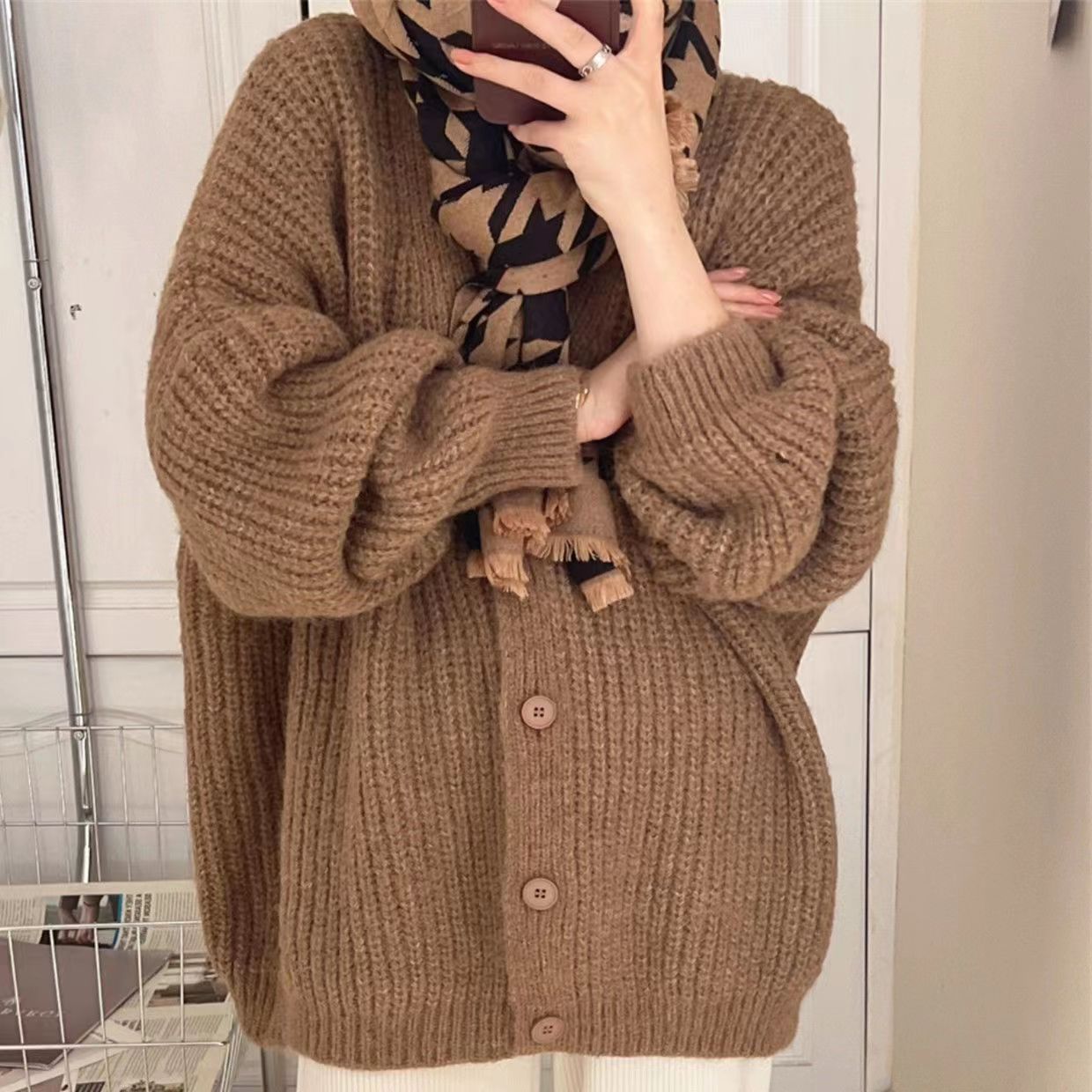 V-neck Knitted Cardigan Women's Thick Needle Loose Sweater