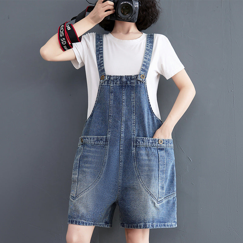 Women's Denim Suspender Loose Fitting Wide Leg Capris