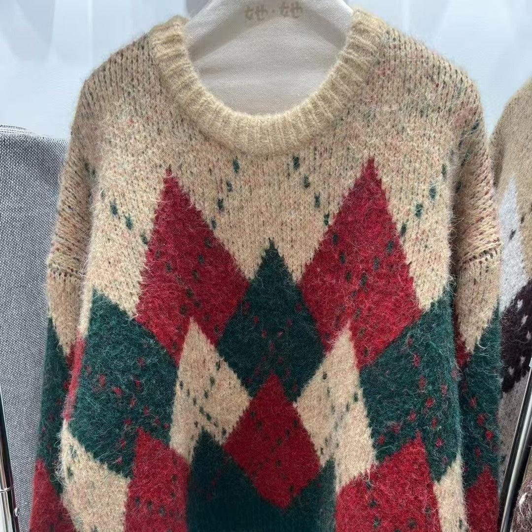 Women's Rhombus Pullover Retro Lazy Style
