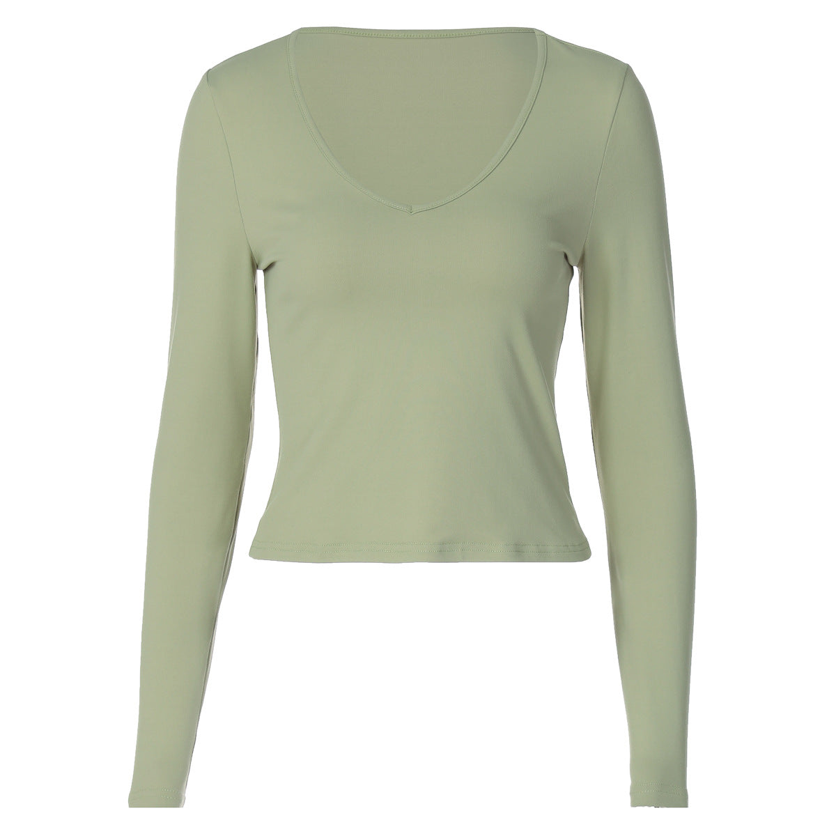 Fashion U-neck Slim Fit All-match Solid Color Long-sleeved T-shirt
