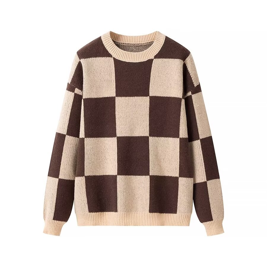 Women's Sweater Checkerboard Round Neck Loose Top