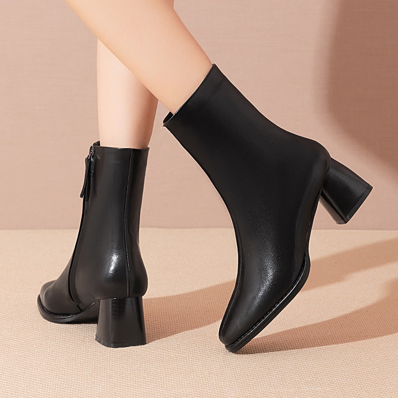 Vintage Square Toe Brown Chunky Heel Booties