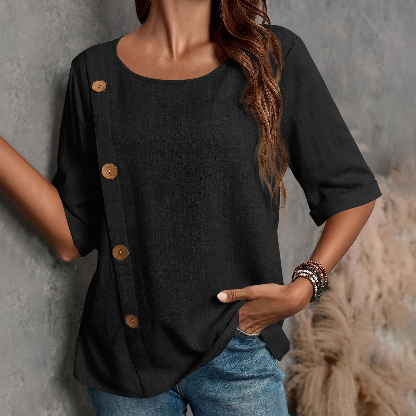 Womens Cotton-Linen Button-Up Fashion Casual Top