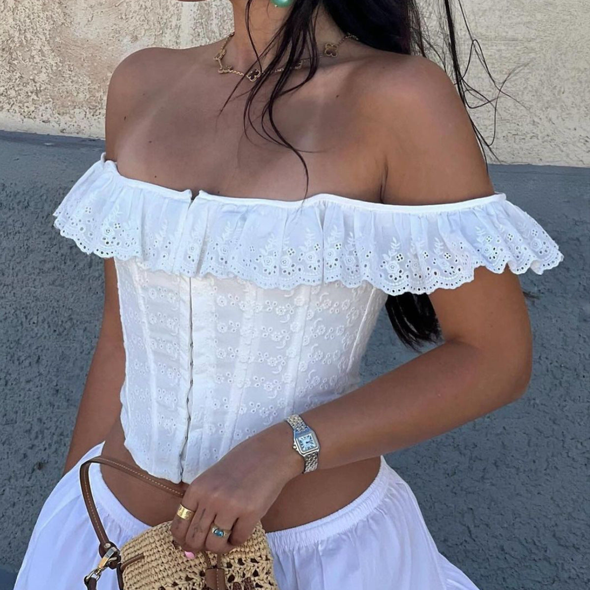 Sexet off-shoulder strop fransk flæset brysttalje slankende vest