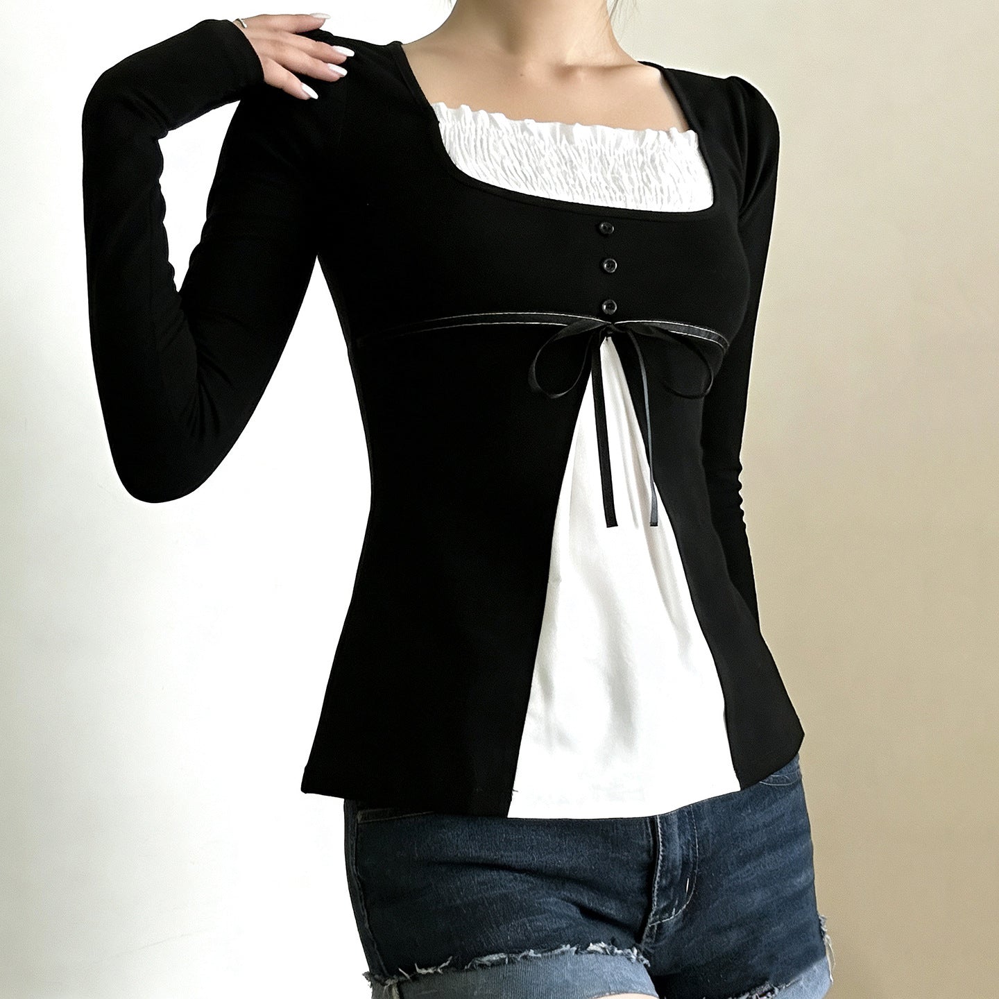 Sweet And Fresh Contrasting Color Patchwork Fake Two-Piece Slim-Fit Long-Sleeve T-Shirt