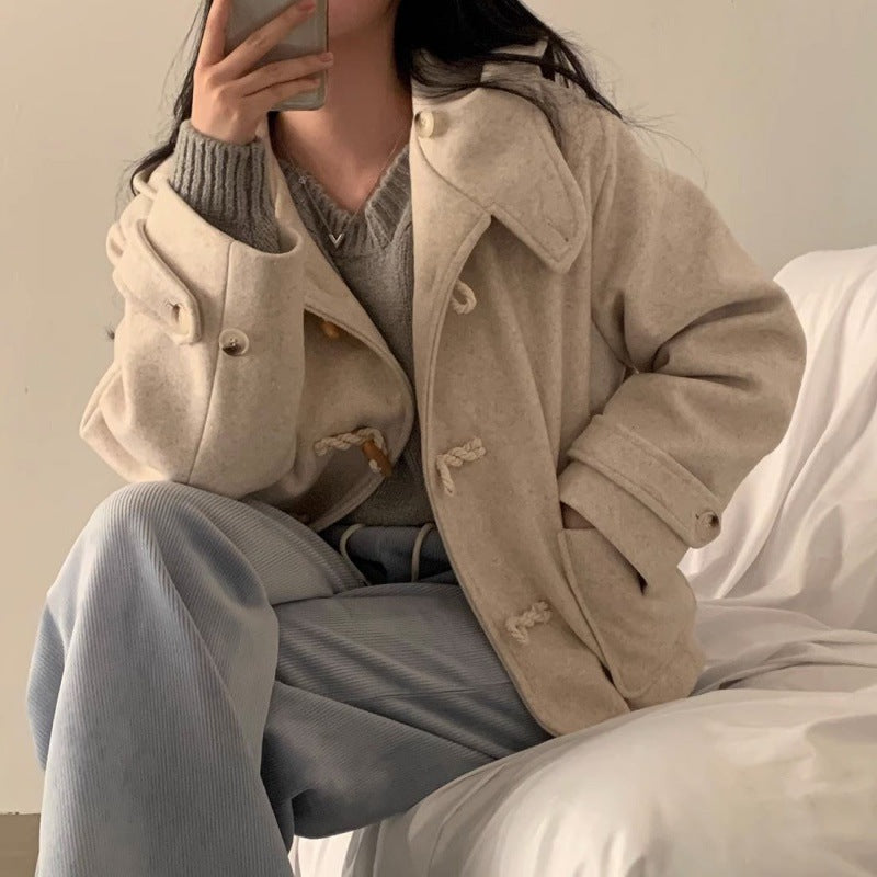 Horn Button Design Large Pocket Loose Versatile Hooded Woolen Short Coat