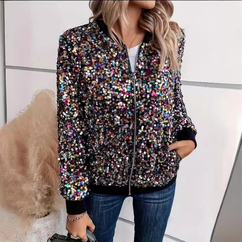Womens Elegant Fashionable Long Sleeve Jacket With Colorful Sequins