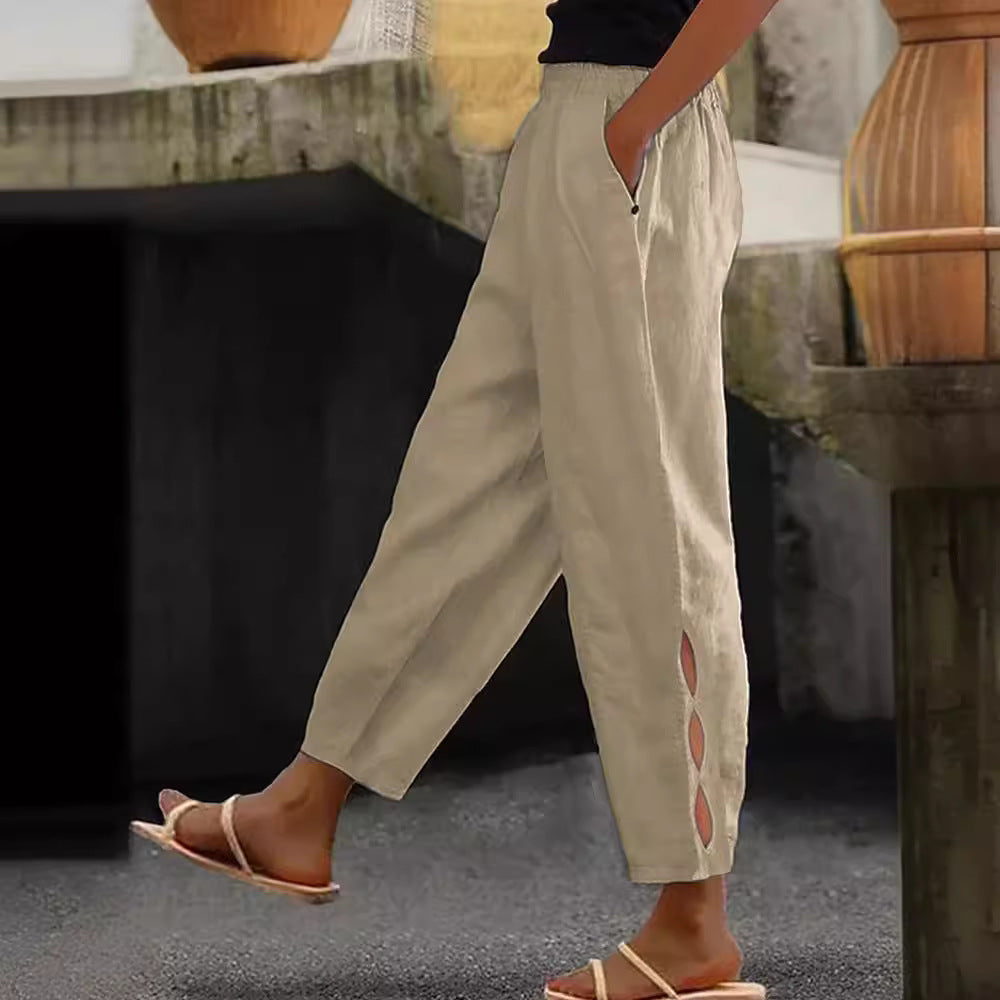 Hollow-Out Ankle Detail Trousers - Button-Adorned Bottom Hem Pants For Women Summer Daily Wear