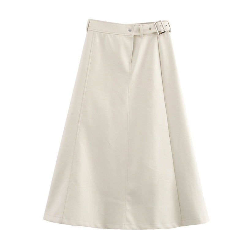 High Waist Pure Color With Belt A- Line Faux Leather Midi Skirt Skirt