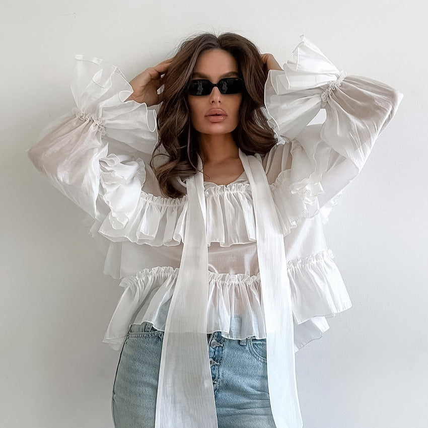 Designer French-style Soft Tie-front Long Sleeve Shirt