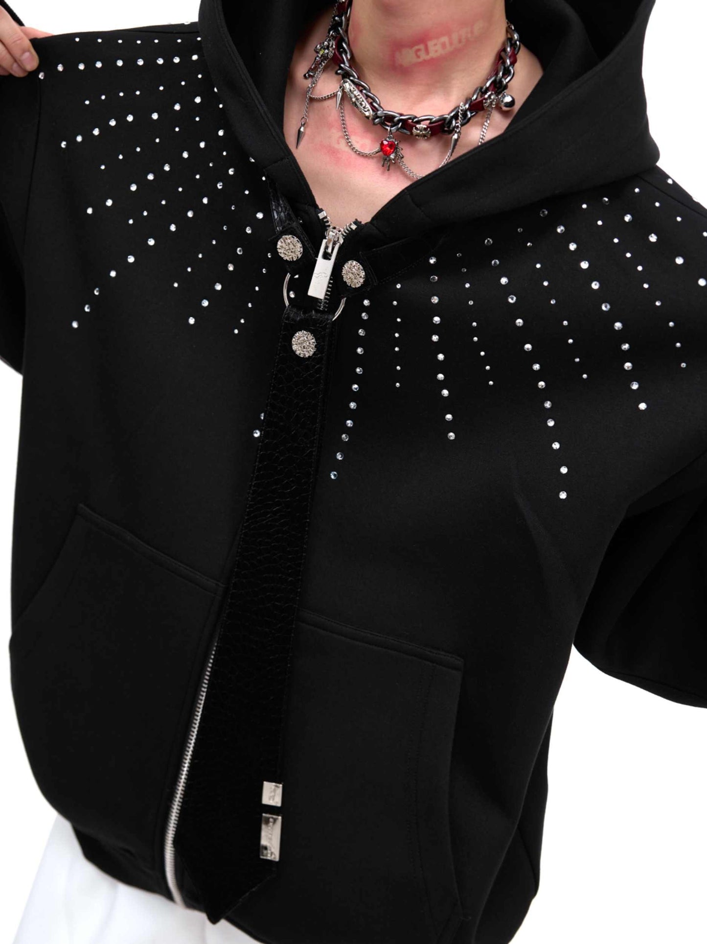 Rhinestone Detachable Tie Hooded Sweater Baggy Coat