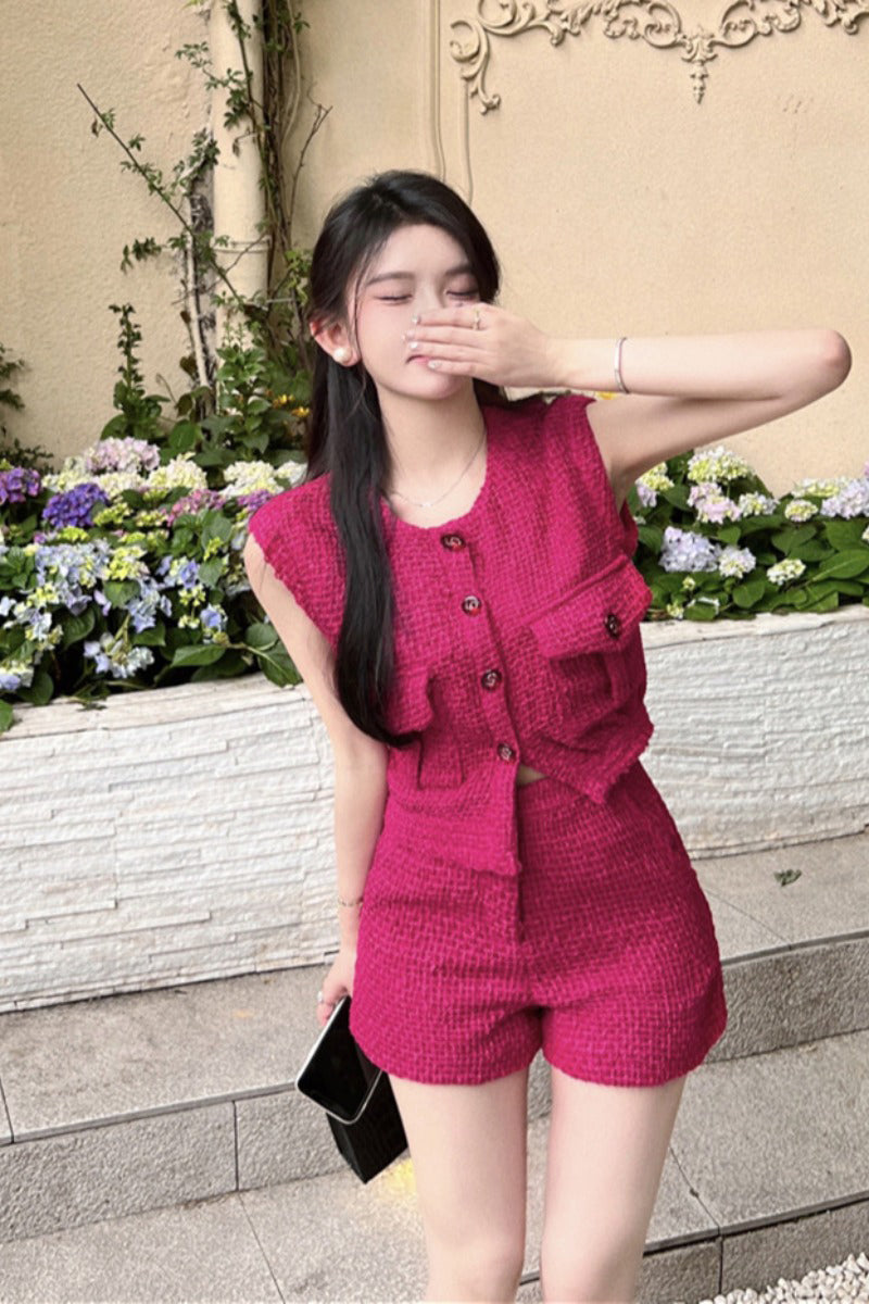 Rose Red Thin Sleeveless Waistcoat With Short Vest
