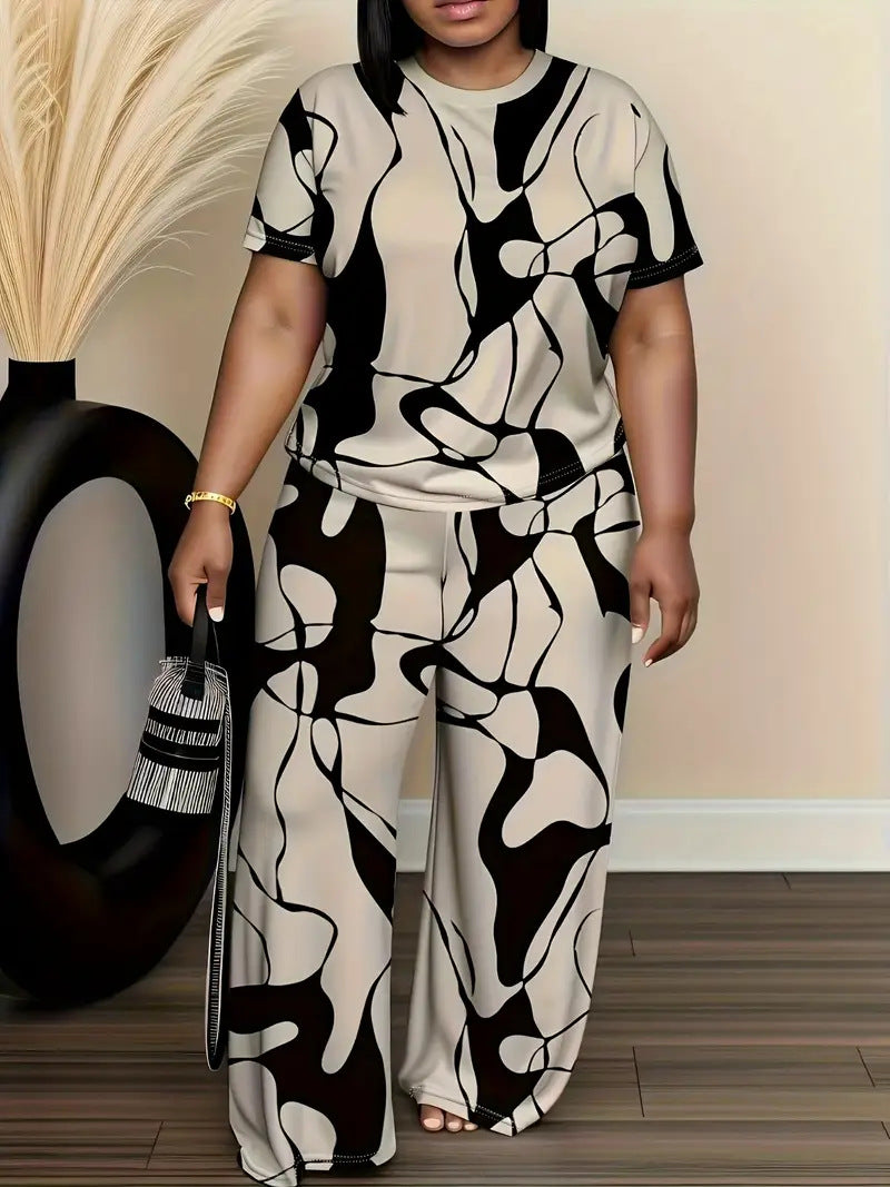 Plus-size Womens Black And Gray Printed Outfit Set