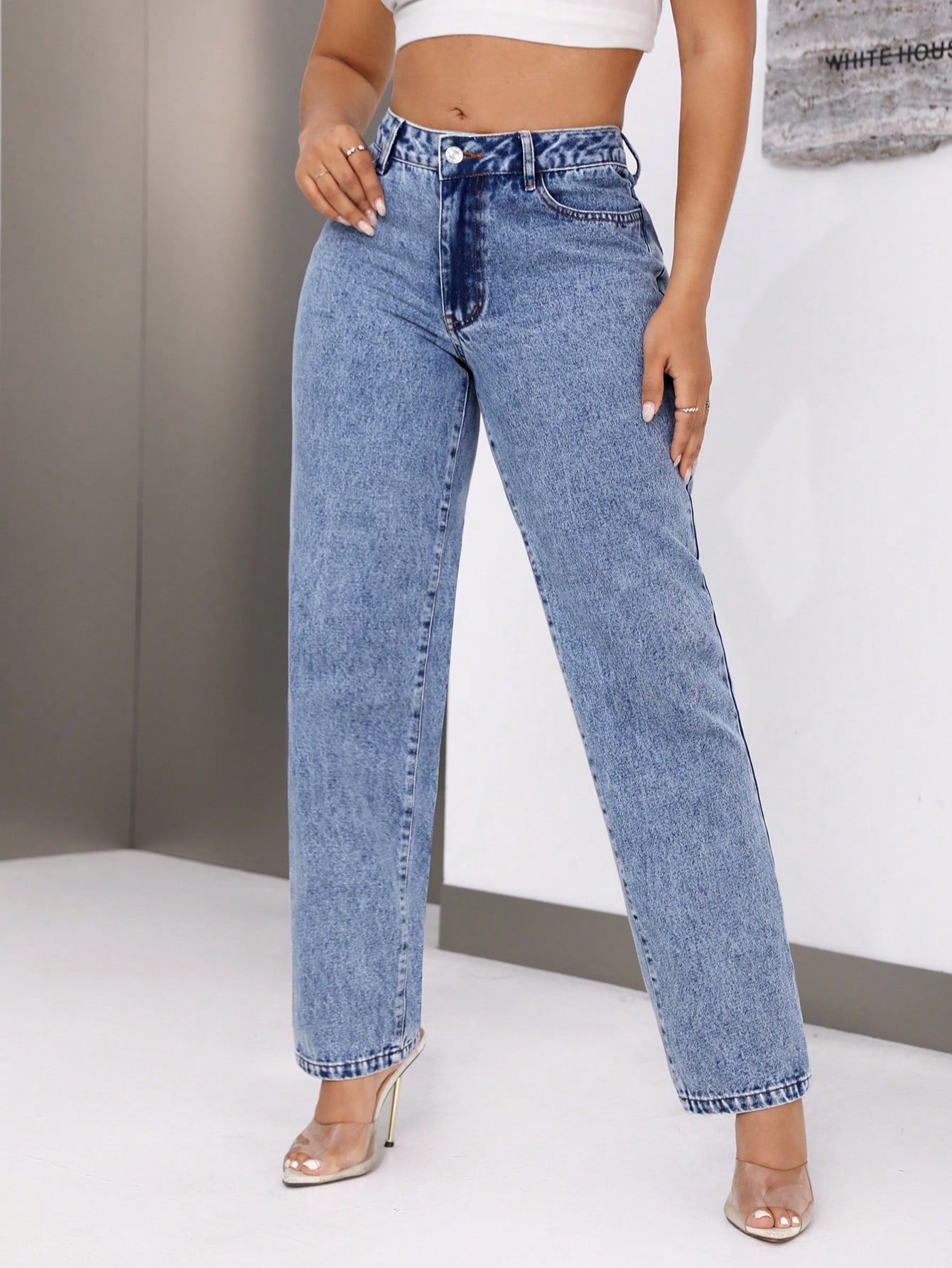 Retro Højtaljet Denim Lige Bukser til Kvinder