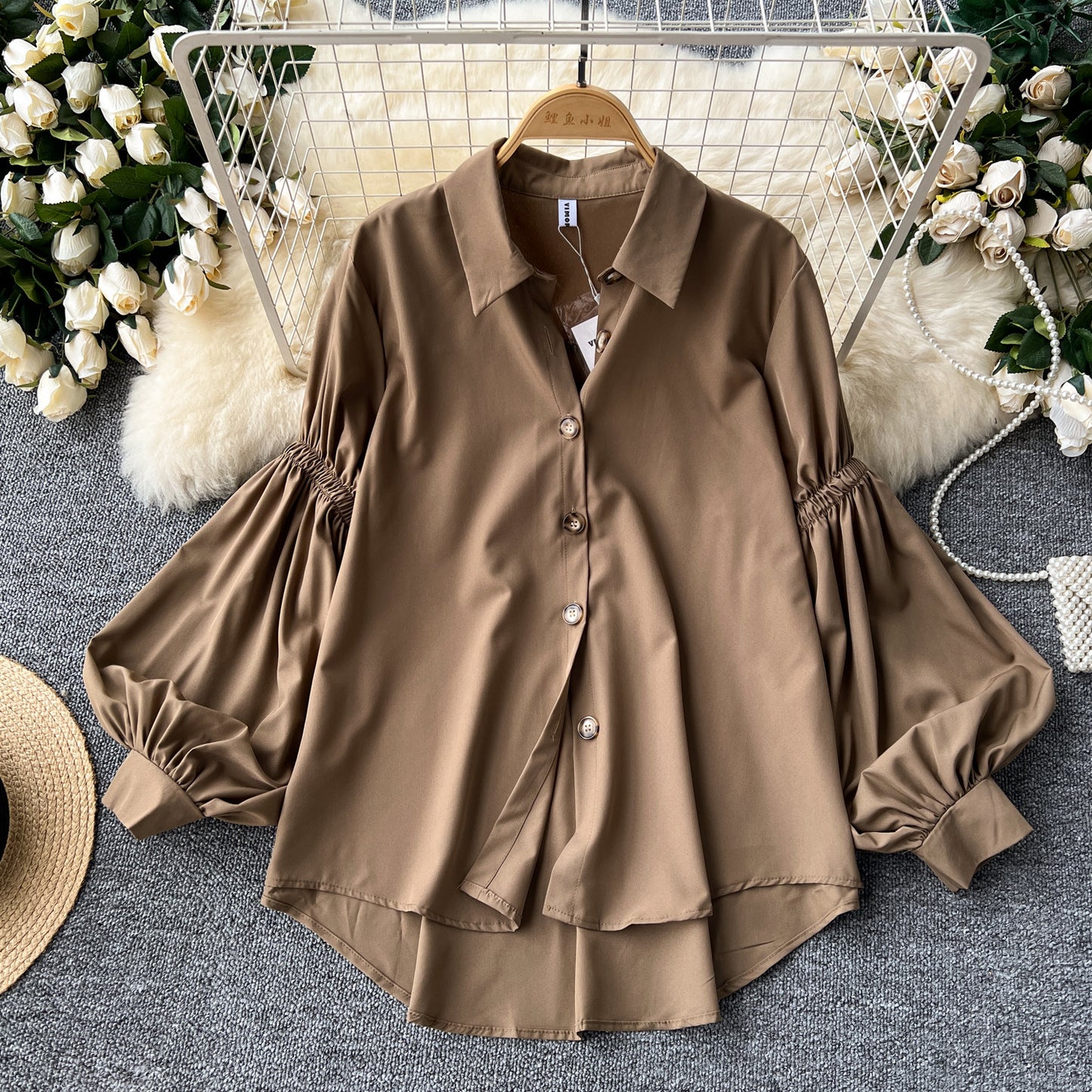 Pleated Lantern-sleeve Single-breasted Loose-fitting Versatile Shirt