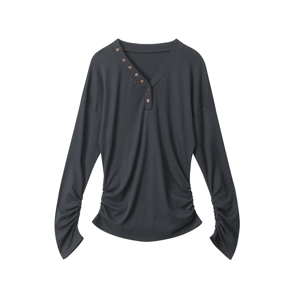 New Womens Fall Slim-fitDesigner-style V-neckWaist-cinching Long-sleeve Top