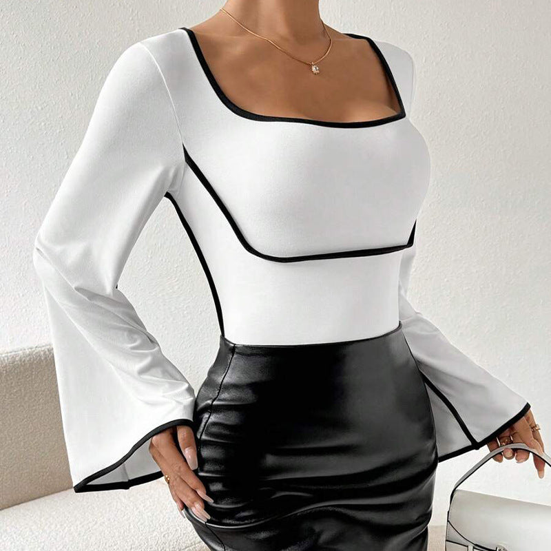 Women's Spliced Mandarin-collar Flared-sleeve T-shirt