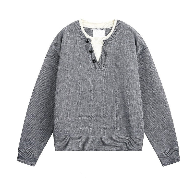 American Retro Color Block Contrast V-neck Sweater
