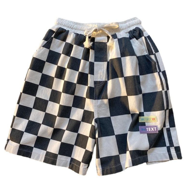 Contrasting Plaid Sports Shorts Loose Wide-leg Trendy Wild Straight Five-point Pants