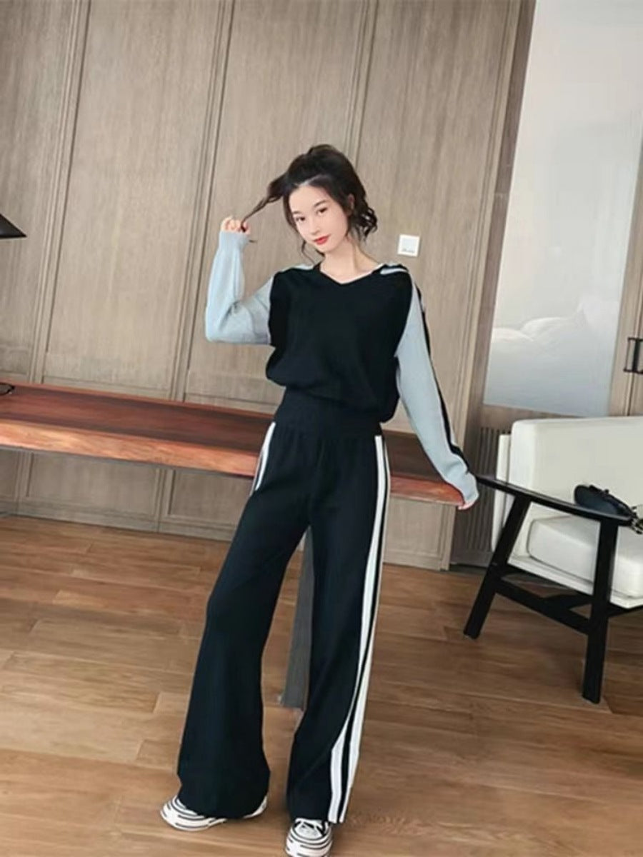 V-neck Hooded Sweater Loose Wide Leg Pants Anti-aging Casual Sports Suit