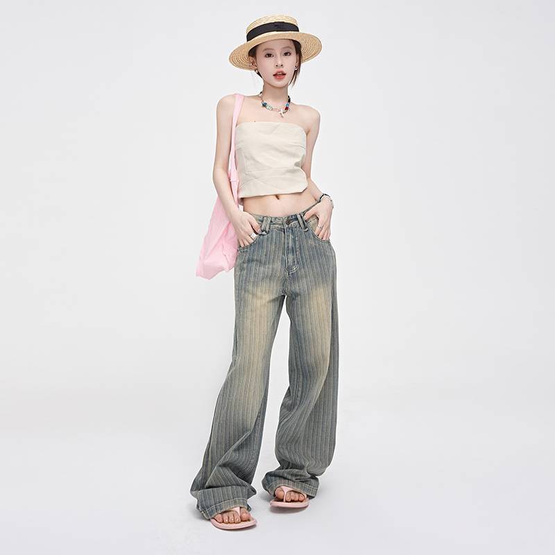 Retro Light-colored Distressed Low-rise Striped Jeans