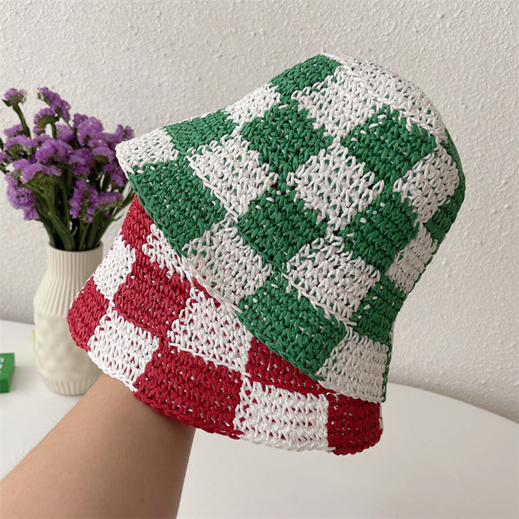 Checkerboard Plaid Coarse Wool Knitted Fisherman Hat Handmade For Women