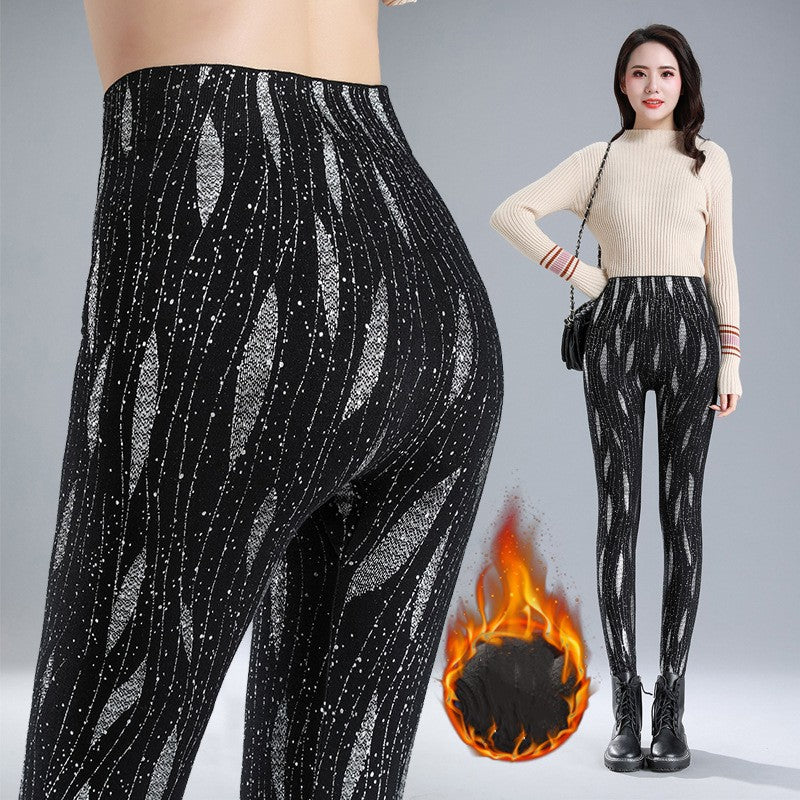 High Waist Large Print Plus Fleece Thickened Elastic Tights