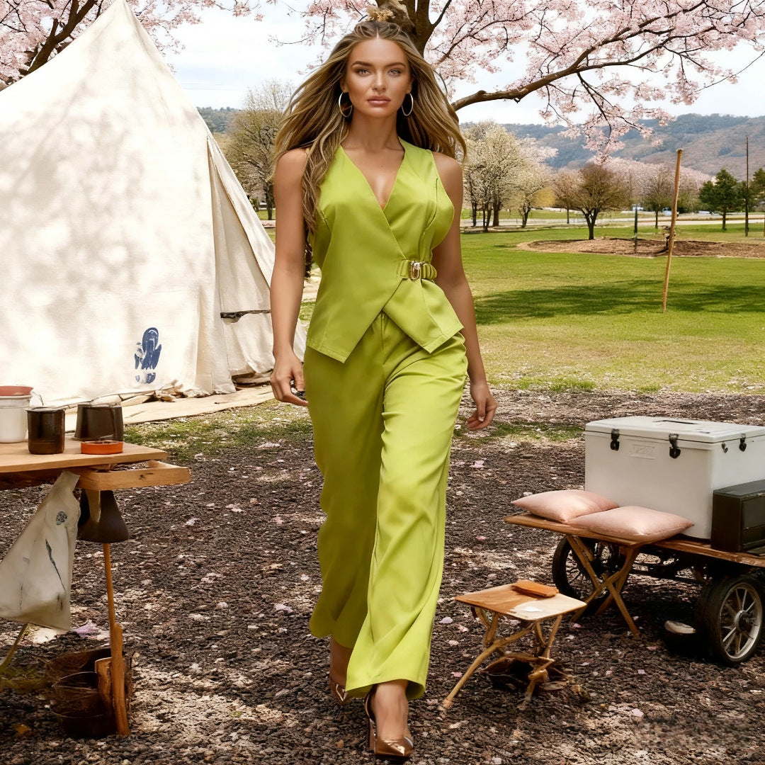 Casual-style Metal-buckle Belt Vest And Trousers Two-piece Set