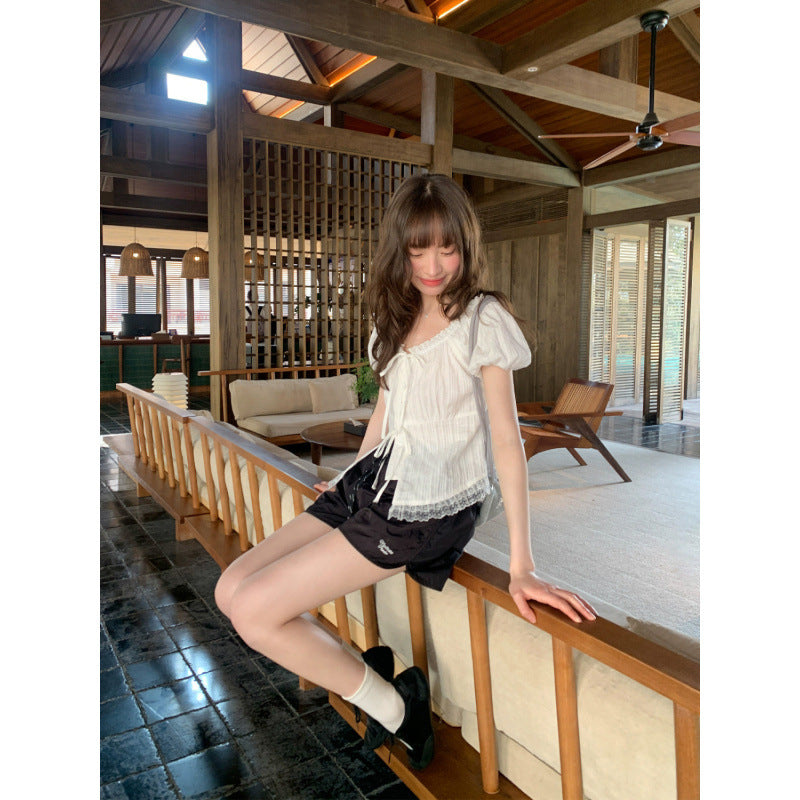 Lace Edge Lace-up Short-sleeved Shirt Women's Top