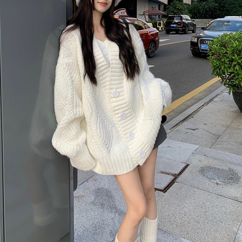 Autumn And Winter Idle Style Solid Color And V-neck Long-sleeved Thickened Sweater