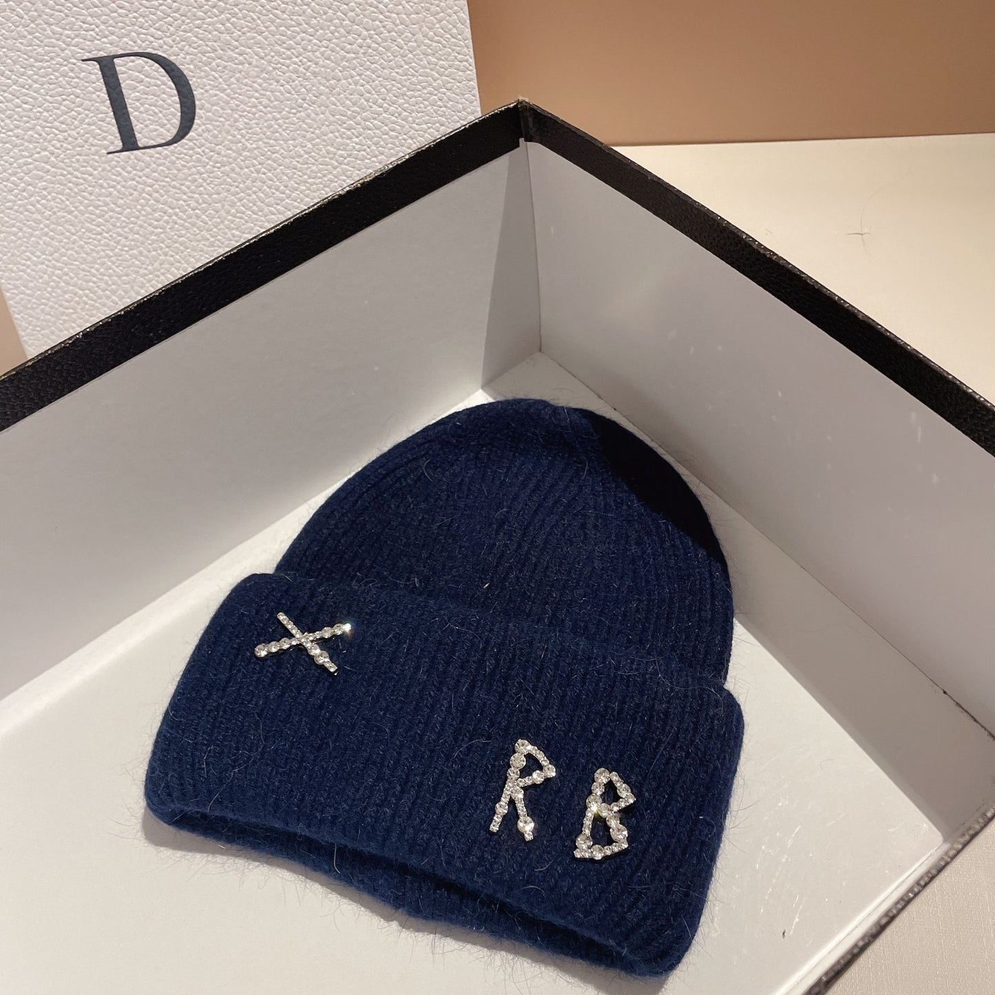 Winter RB Letter Fashion Rabbit Fur Knitted Warm Hat Female
