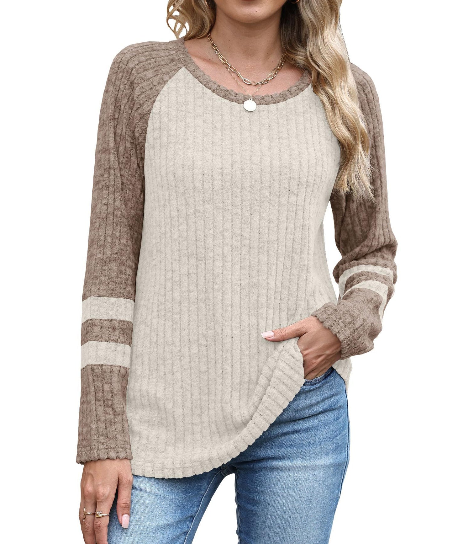Europæisk og amerikansk mode langærmet sweater med kontrastfarve rund hals top
