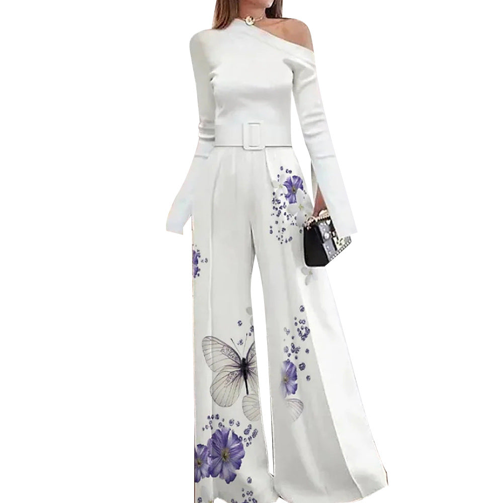 Women's Fashion Print Slant Neck Strapless Jumpsuit