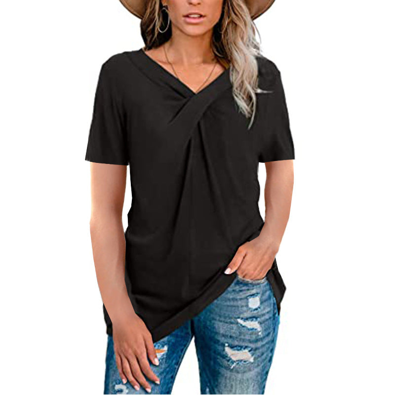 Women's V Neck Short Sleeved Neckline Kink Casual T Shirt