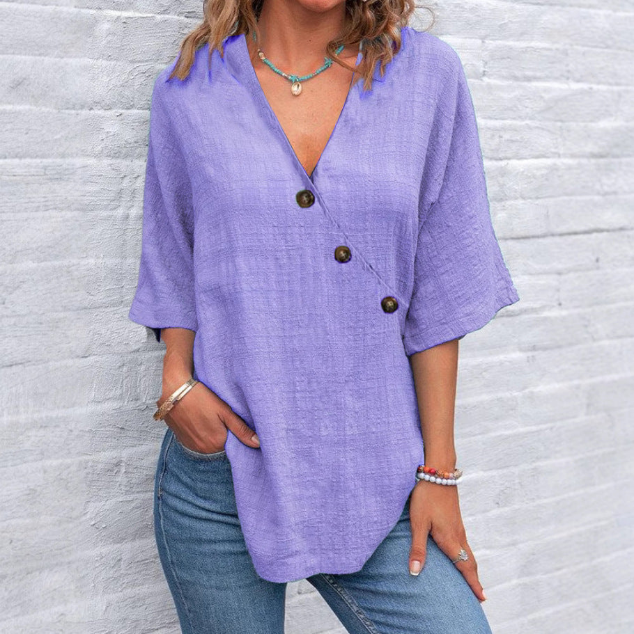 Solid Color Linen Button Women's Top