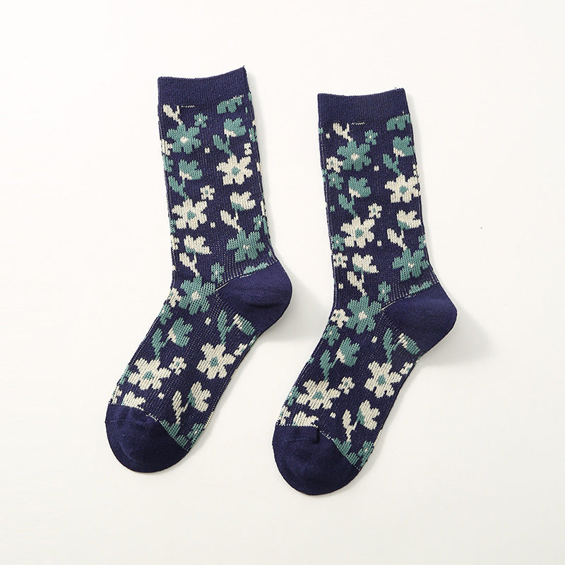 Autumn And Winter New Vintage Floral Women's Socks Rhombic Love Double Needle Cotton Socks Thermal Middle Tube Socks