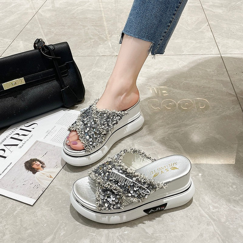 Fashion Sequined Sponge Cake, Thick-soled Crossover, Wedge Heel Sandals And Slippers