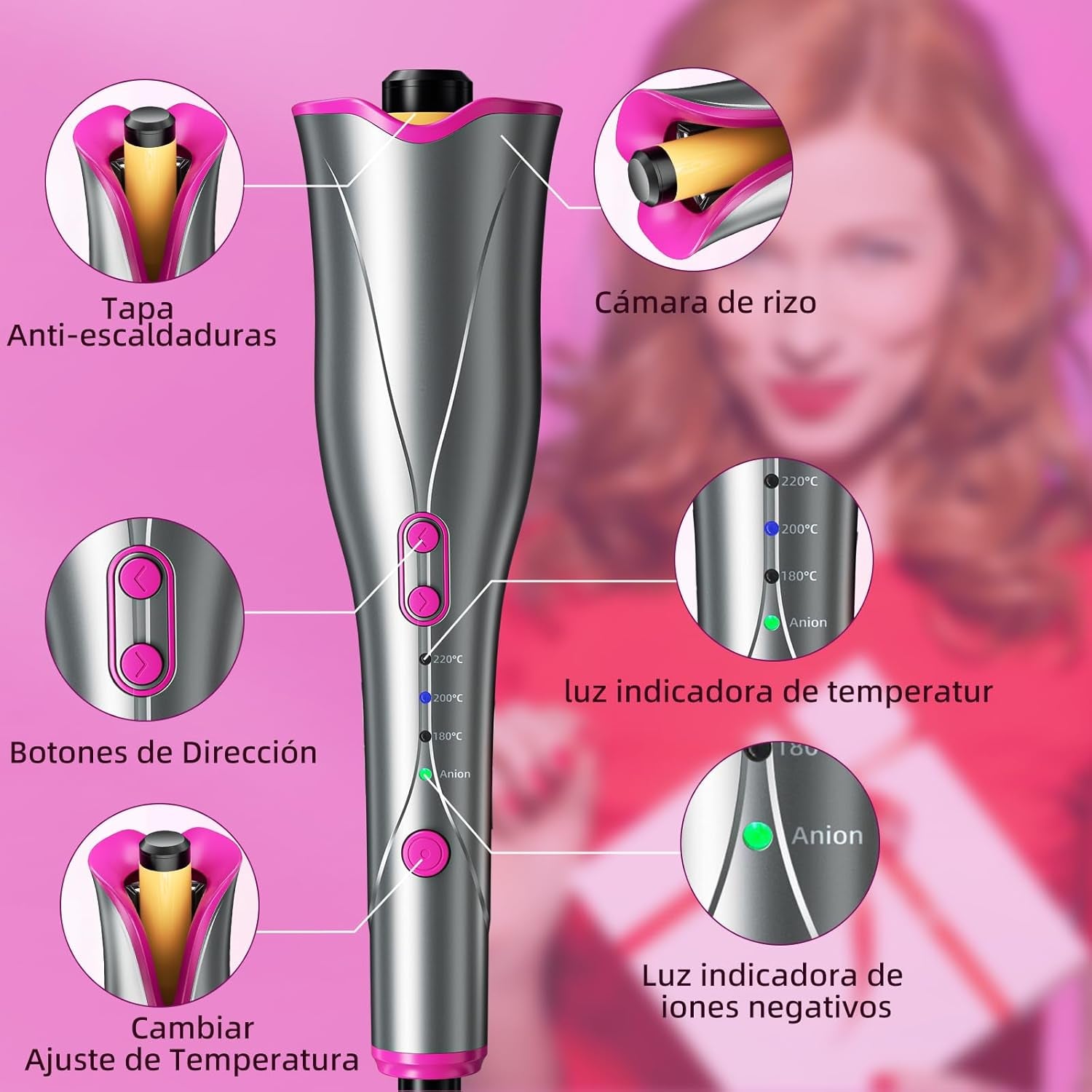 Rizador De Pelo Automático,Iones Negativos Tenacillas Pelo Con 3 Temperaturas Ajustables,Calentamiento Rápido,Dirección De Rizado Ajustable,Anti Escaldado, Cable Antienredos Giratorio De 360 °