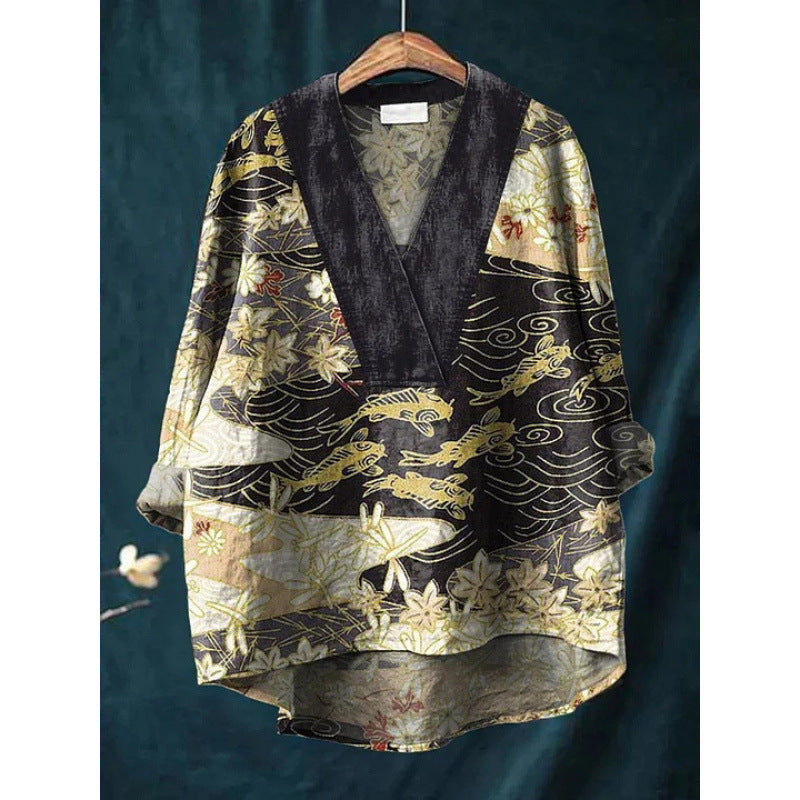 Lapel Long Sleeve Shirt Retro Line Polka Dot Top