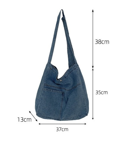 Vasket Denim Crossbodytaske med Stor Kapacitet