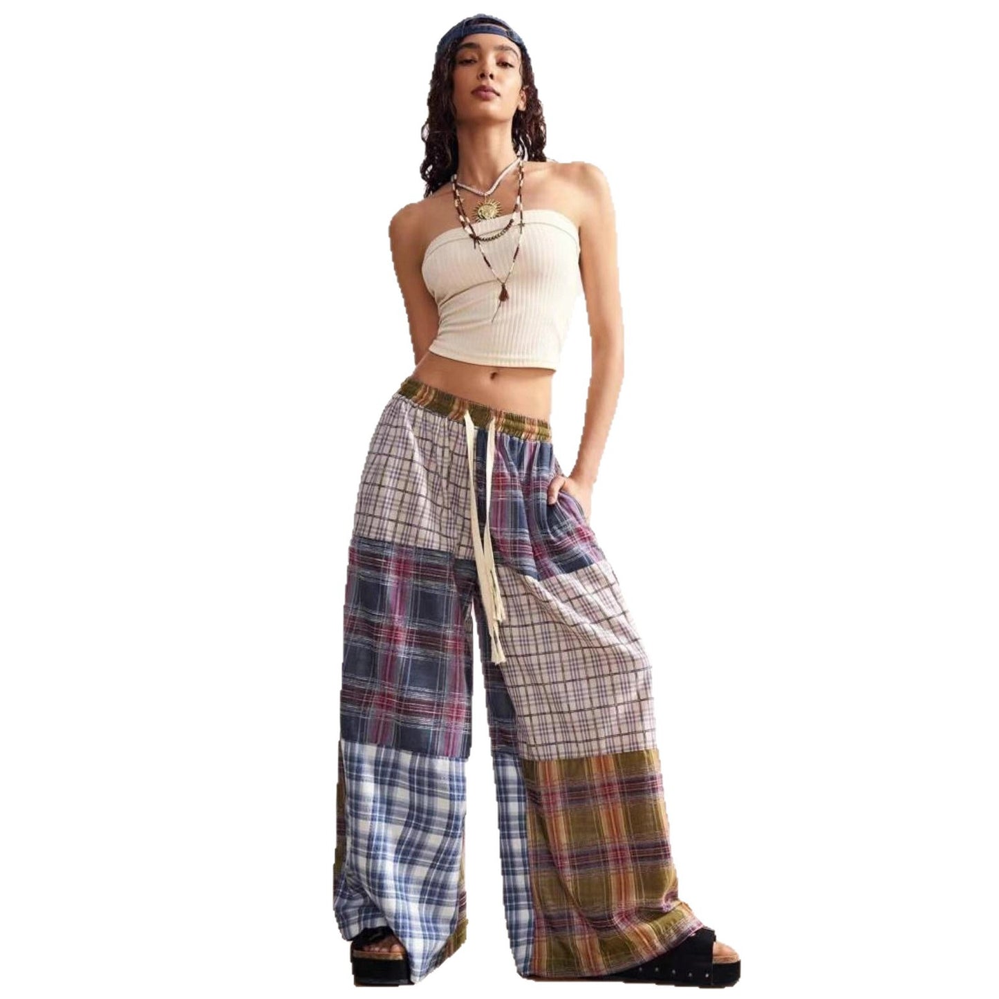Retro High-waist Drawstring Printed Wide-leg Pants For Women