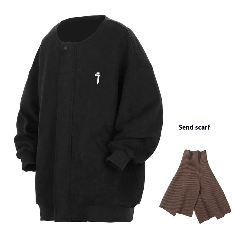 Suede Round Neck Cardigan Coat Men's Baggy Casual Jacket Free Scarf